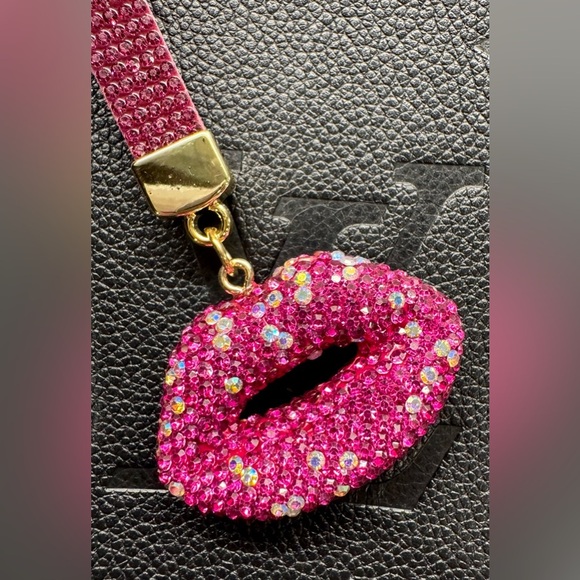New Hot Pink & Iridescent Austrian Crystal Lips Purse Bag Charm Keychain - 5” - Picture 3 of 5